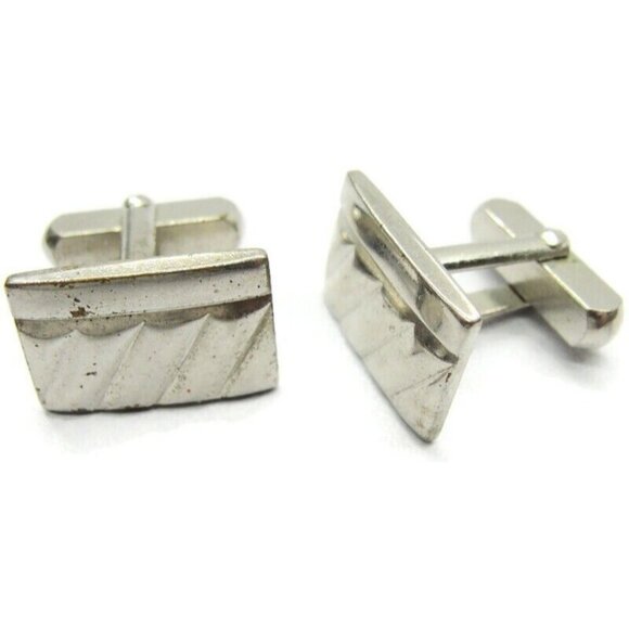 Rectangle Cufflinks Silver Tone Diagonal Patterned Tux Shirt Dress Suit Vintage - Picture 7 of 7